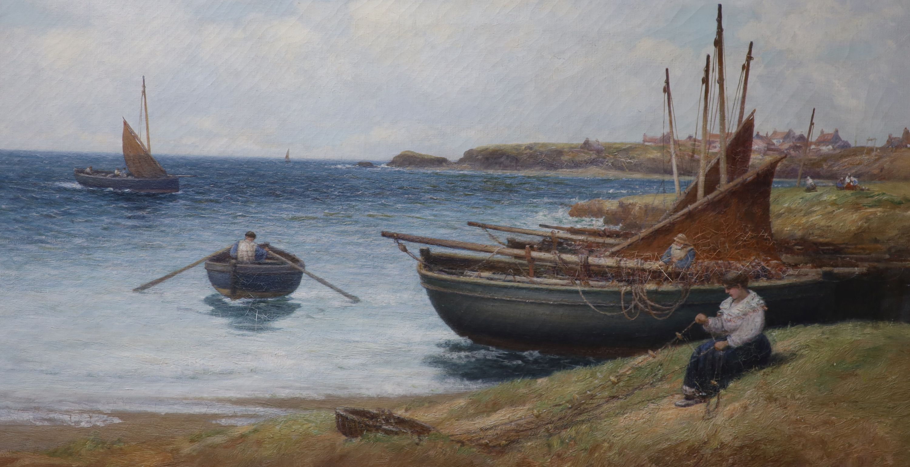 A. Young, pair of oils on canvas, Brittany harbour and beach scenes with figures and fishing boats, signed and dated 1915, 44 x 80cm